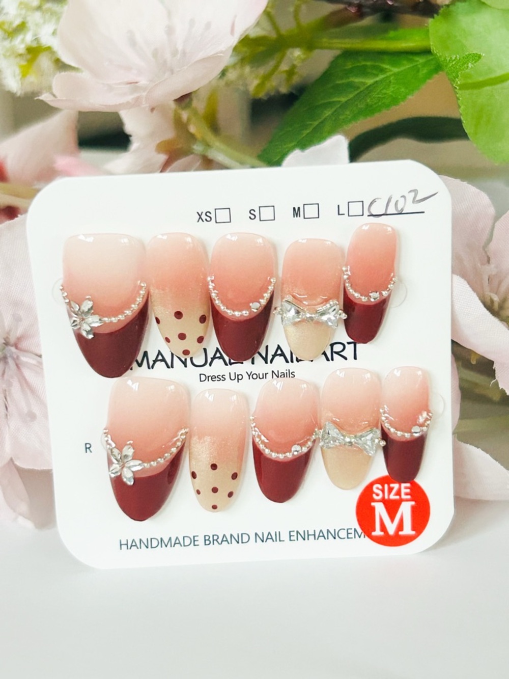 Elegant Red & Nude Rhinestone Press-On Nails with Bow Accent (xs,s,m,l)